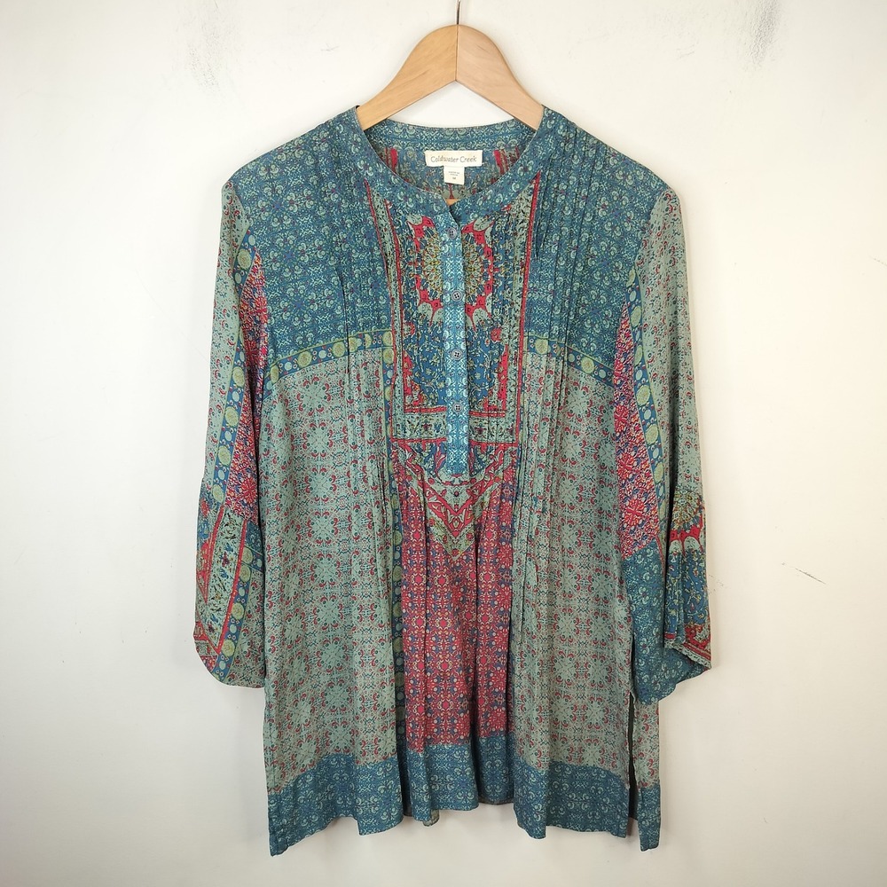 Coldwater Creek Boho Floral Tunic Top Medium Pintuck Pleat Retro Peasant Hippie